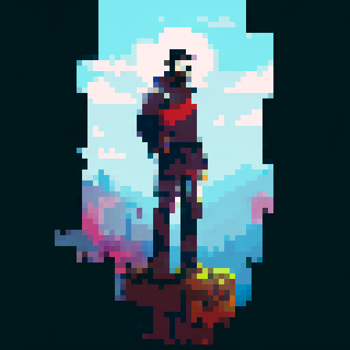 Hispanic man, heroic pose, confident expression, full body, pixel art, sRGB, solid color background