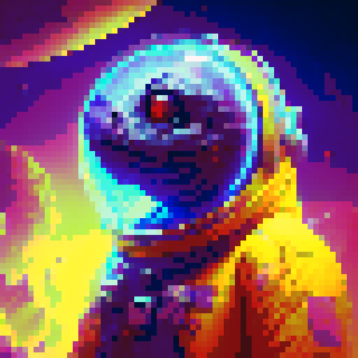 Pixel art of a giant spherical yellow head with a toothy mouth and three glowing eyes, retro-style 16-bit, 64x64, intimidating design for a space survival boss, no background, transparent edges, full body