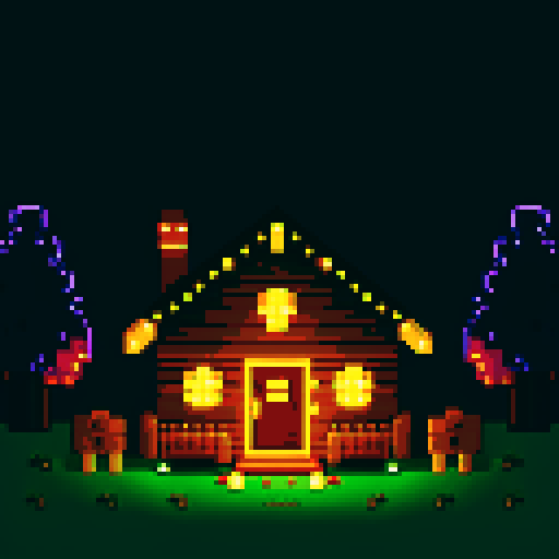 house with lights on near forest, night