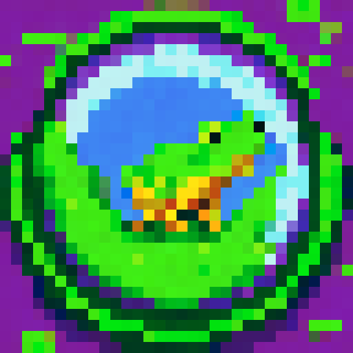 Bright green frog with golden eyes, rendered in pixel art with a sRGB color palette and a transparent background for a badge design