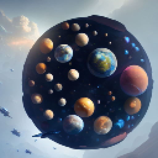 Glimmering stars, colossal planets, and sleek spaceships hover above a mystical landscape in this epic fantasy RPG-inspired image.