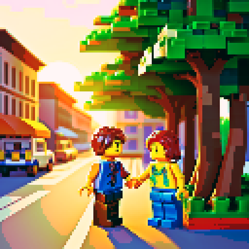 In front of the Lego store in the summer evening, a girl held the hand of a boy, and the leaves fell in the breeze under the setting sun.