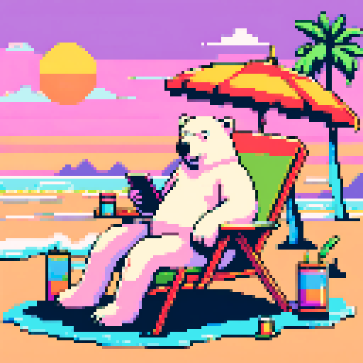 "An 8-bit pixel art of a polar bear relaxing on a tropical beach. The bear, wearing gold chains, sunglasses, and a straw hat, lounges on a reclining chair under a colorful umbrella. A tablet displaying cryptocurrency charts rests on a small table beside a drink and stacks of crypto coins. The scene features pixelated waves, palm trees, and a glowing sunset, blending a laid-back vibe with flashy crypto wealth."