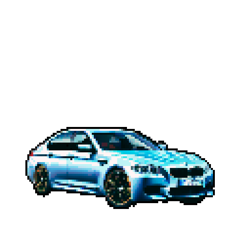 Photorealistic, centered BMW M5 in a three quarter view, right wheel in front, clean background, pixel art style with sRGB colors
