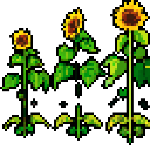 sunflower, vibrant yellow petals, simple pixel art, sRGB color palette, delicate green leaves, transparent background 4 stages of growth