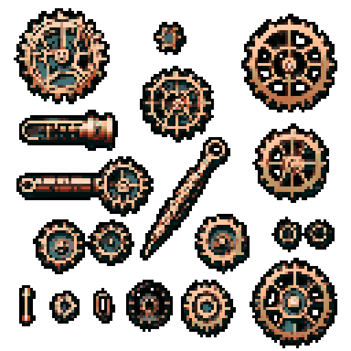 I want a copper gear that looks like it was made by a master clockmaker. It should have strange mechanical details that could interlock with each other. I also want this object usable an asset in a videogame, meaning only one object per image, outlined with a strong black stroke, on a solid-color background.