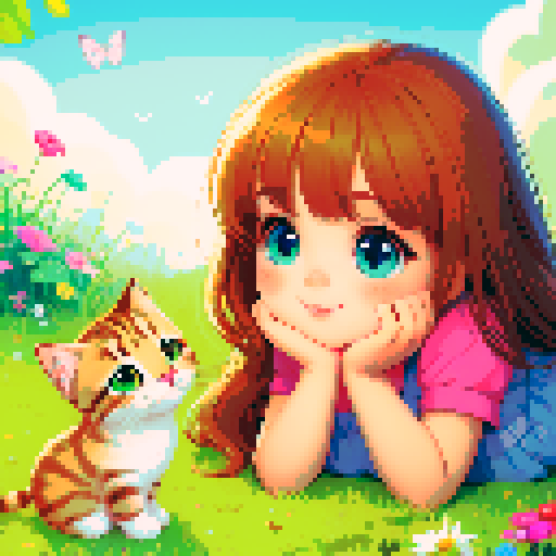 little cute girl lies on the grass and looks at the kitten, cartoon style, 64 colors