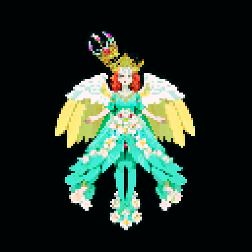 A regal, majestic creature with a crown of flowers, large wings, and a gown made of petals. It has a commanding presence and glowing eyes, radiating an aura of elegance and authority. No background.
