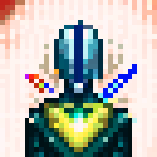 armoured warrior, pixelated details, vibrant colors, intense gaze, futuristic pistol, shining metallic armor, intricate design, dynamic pose, dramatic lighting, glowing energy accents, skillfully crafted weaponry, iconic game art