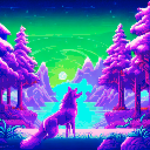 A majestic wolf howling at the Aurora Borealis, set against a snowy mountain backdrop, surrounded by pine trees and illuminated by the vibrant hues of a pixel art sky