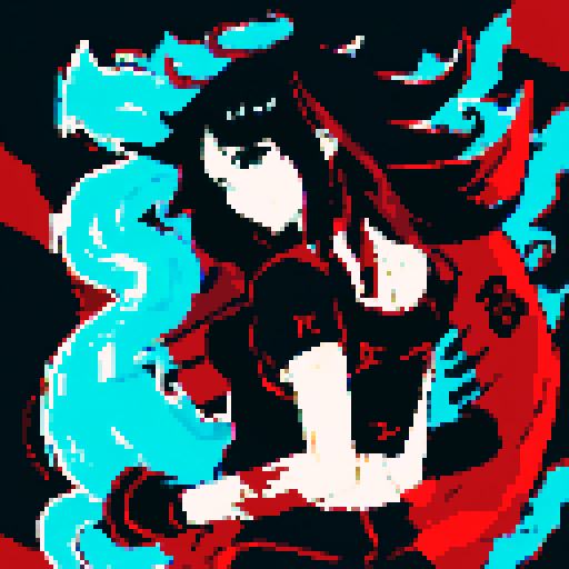 Half-demon warrior with long black hair cascading down their back, captivating fusion of contrasting elements, red eyes reflecting fierce determination and vulnerability, attire blending traditional and modern influences from human and demon cults, character portrait, close up, anime style, pixel art