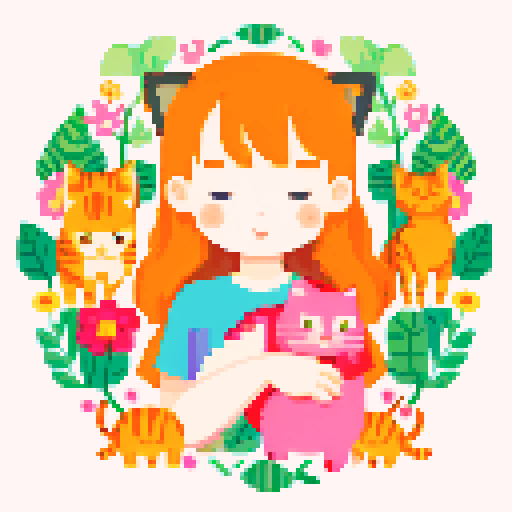 flat, childish illustration with a girl and lots of cats around her, flowers,leaves, abstraction,close-up