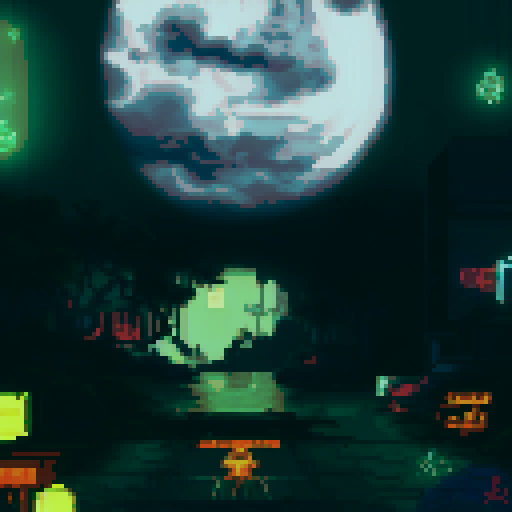 A pixelated arcade room bathed in neon lights, where vintage arcade machines flicker with eerie glow. Ghostly figures stand around, playing games that emit haunting electronic melodies.