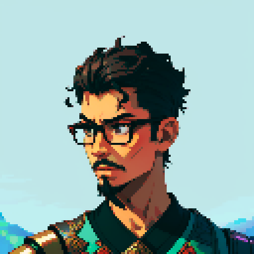 Southeast Asian man, short curly hair, round glasses, tanned, goatee, diamond shaped face, black eyes, age 25, wearing a armor