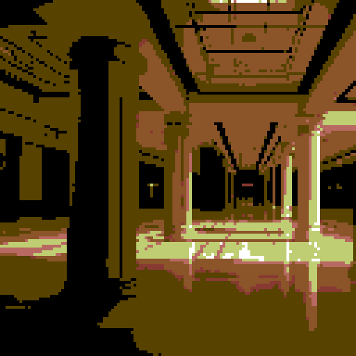 empty mall viewed from the inside, wide dark corridors, large pillars, somber mood, nostalgic feel, retro