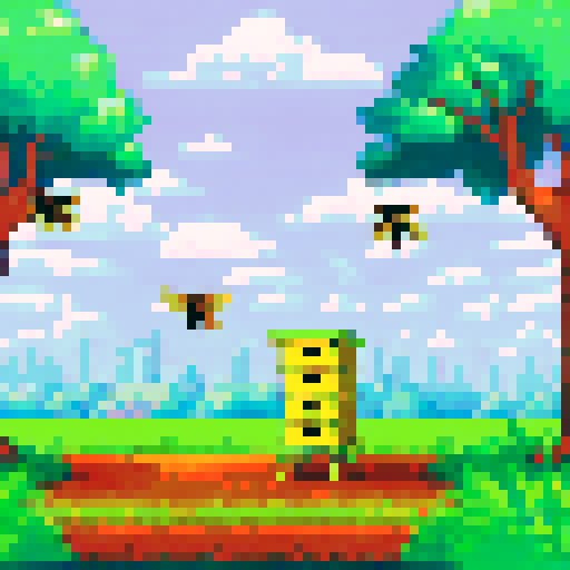 A small apiary in the english countryside. A beekeeper is tending one of the hives.