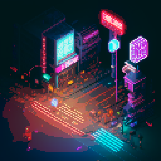 Isometric 2D cyberpunk street scene, vibrant neon lights, futuristic storefronts with glowing neon signs, reflective wet pavement, cybernetic-enhanced pedestrians, high-tech vehicles, mage girl floating in center, serene pose, fusion of mage robes and cyberpunk aesthetics with glowing runes, mystical aura amidst technology, focus on dynamic lighting and detailed environment