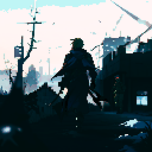 Final fantasy tactics detail soldier walking towards war torn city with a panzer faust on his back and a rifle in his hand. A Squad Mate of his is looking towards him in background, he has a cape on and a hood. City has snow on it. Colorful but not to bright of colors. 