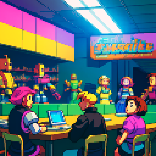 pixelated, colorful, retro, 5 individuals, terrified, distant, robot, table