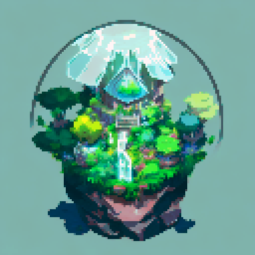 A circular glass dome containing a serene landscape.
At the center, a tall, majestic mountain with jagged peaks stands against a pastel sky.
In front of the mountain, a cascading waterfall flows into a calm river surrounded by lush green trees.
The foreground features various green plants, bushes