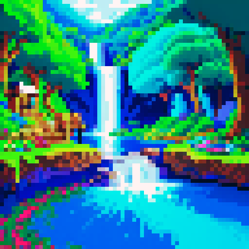 Awesome picture featuring a vibrant, pixelated landscape with a majestic, glowing waterfall, surrounded by lush, pixelated trees and a clear, sRGB color palette