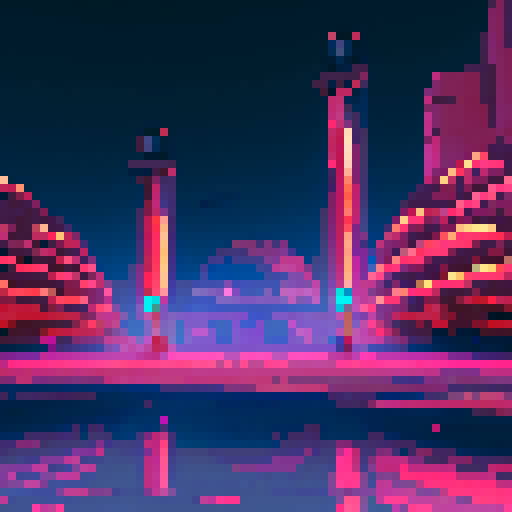 Futuristic colosseum, towering skyscrapers, neon lights, vibrant colors, people wearing futuristic outfits, pixel art
