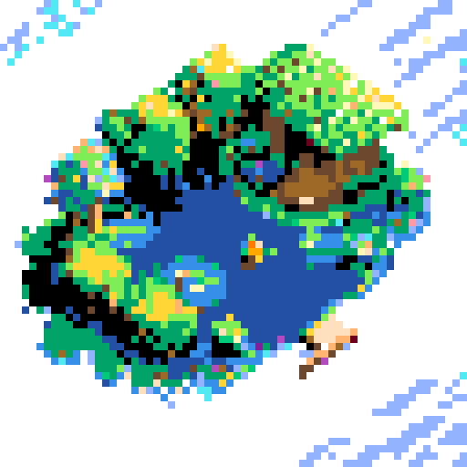 yellow duck in a pond, surrounded by lush greenery and reflecting sunlight in a serene pond with shimmering ripples and pixelated waves, creating a tranquil atmosphere in a picturesque landscape with vibrant colors using intricate pixel art in the sRGB palette