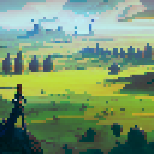 Heroes facing the sunset standing in a flourishing fields with lush greenery wind turbines and solar panels