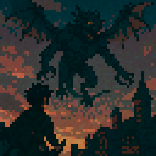 Black haired boy, facing giant monster, flying above in the sky, anime style, medieval, dusk, sRGB, pixel art