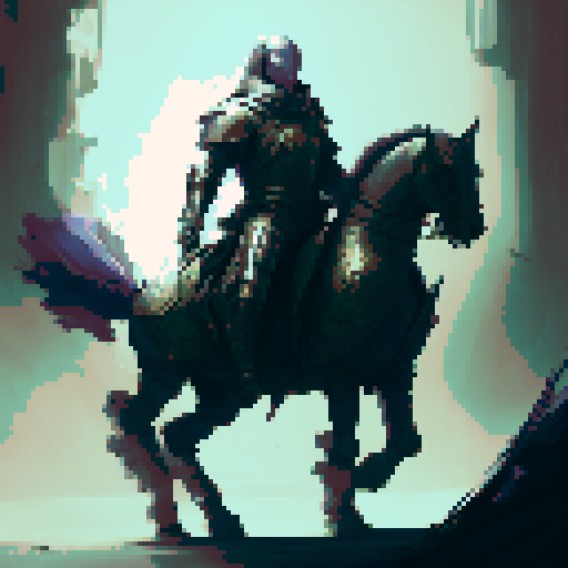 Knight on horseback, wearing plate armour and holding a lance. Drawn in a comic style