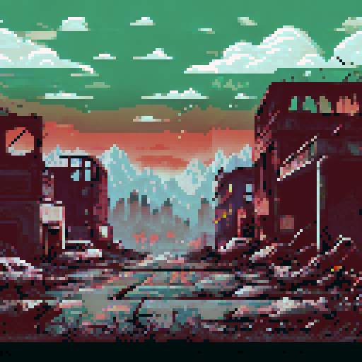 Topdown pixel apocalypse, apocalyptic ruins, desolate wasteland, crumbling buildings, overgrown vegetation, decaying vehicles, broken windows, graffiti-covered walls, eerie atmosphere, abandoned streets, post-apocalyptic landscape