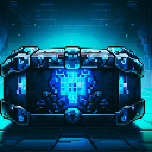 mystery box, stone, metall, shiny, pixel art, sRGB, vibrant colors, glowing lights, intricate patterns
