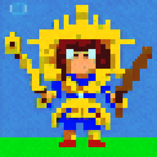 King with blue cloak, gold crown, sitting on a throne, holding a scepter, surrounded by knights in armor, pixel art, sRGB.