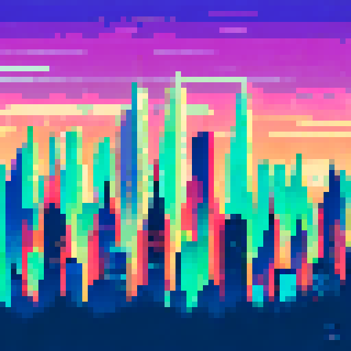 Snow-capped skyscraper towering over a neon city, all rendered in a vibrant, pixelated art style on an sRGB background