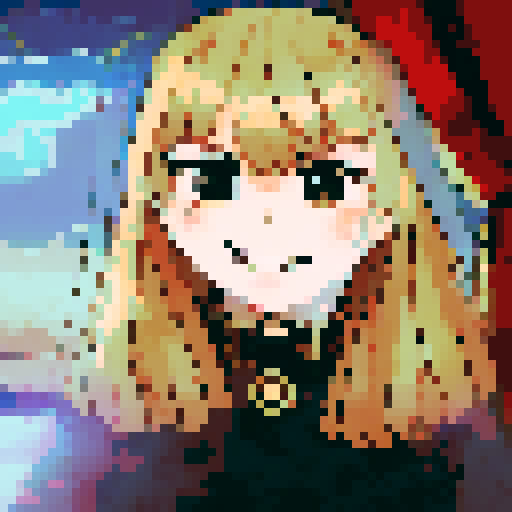 Brown and red-haired girl with a beaming smile framed by billowing blue curtains, captured in a character portrait with close-up details and an anime style, rendered in pixel art