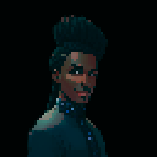 feminine black man, dark hair, expressive eyes, confident smile, pixel art, sRGB, portrait, blank background