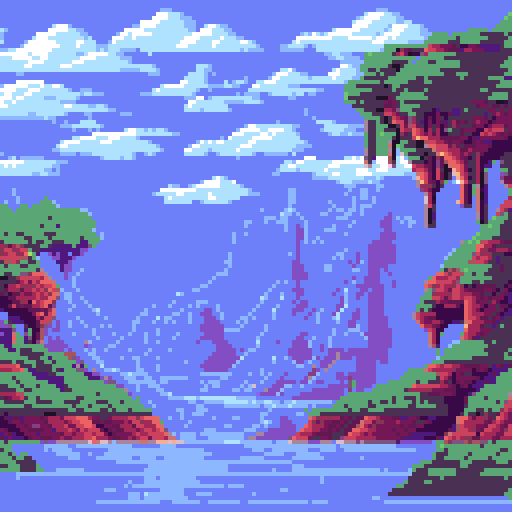 fantasy ship, pixel art, sRGB, background, vibrant colors, towering masts, billowing sails, mystical clouds, majestic mountains, cascading waterfalls, lush forests, blue skies