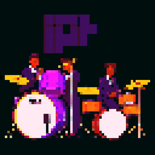 jazz musicians playing instruments, drums, double bass, in a dim bar, black, purple, brown, gold, pixel art style, sRGB