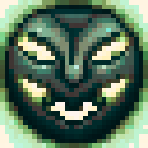 Black Cat face icon, scary, sRGB color, game icon, 32x32 pixel art, skill art, close up, portrait, glowing eyes, sharp fangs, intense expression, dark background, jagged whiskers, detailed fur pattern, eerie lighting