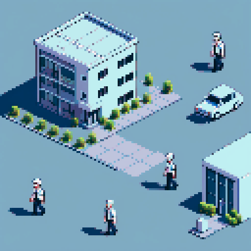 large steel-structured warehouse, two-story white office building, player character, new worker at Emazon, walking towards warehouse entrance, MR KHAN, HR representative, pixel art, sRGB