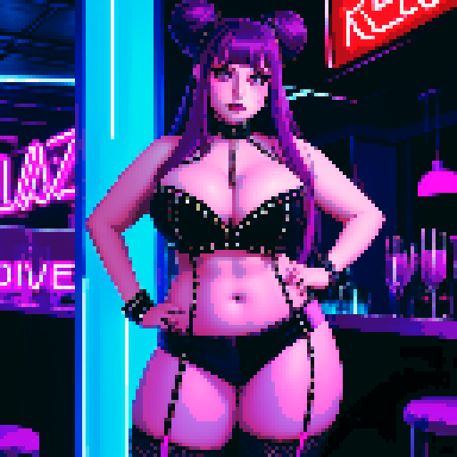 Thicc, curvy, busty goth babe with studded collar, long purple hair in buns, fishnet stockings, studded halter top, posing in neon bar for photo. neon signage, sRGB