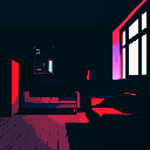 dark apartment interior at night, melancholy, depressed, lonely man's apartment, sadness, dimly lit, bare, urban