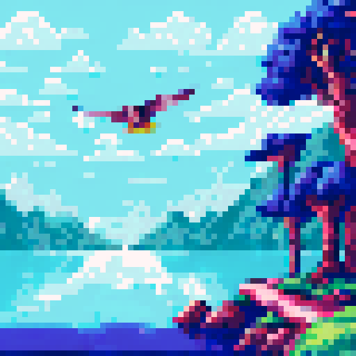 Lake view, majestic eagle soaring above, vibrant wildlife in pixel art, sRGB color palette, detailed background, picturesque landscape