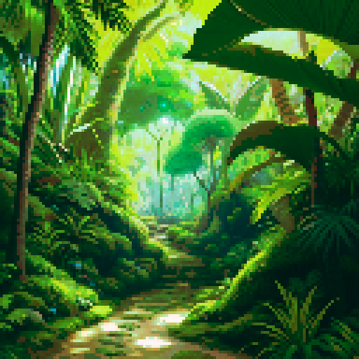 lush green foliage, towering trees, vibrant moss-covered rocks, sun-dappled path, meandering grassy trail, tropical ferns, dense undergrowth, swaying palm fronds, textured tree bark, sunlight filtering through leaves
