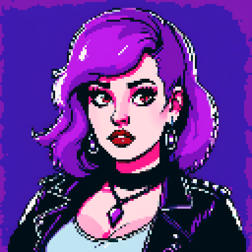 Plus size busty greaser goth girl, with long purple hair, eyeliner, red lipstick. wearing a studded collar. Posing for a face portrait, avatar photo. vibrant sRGB colors, pixel art, edgy aesthetic