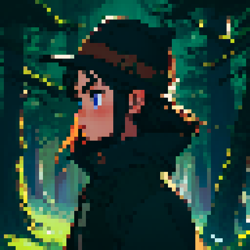 Dark night time in the forest background, profile picture, young girl, rounded face, blue eyes, short black hair, brown coat, brown hat, small chest