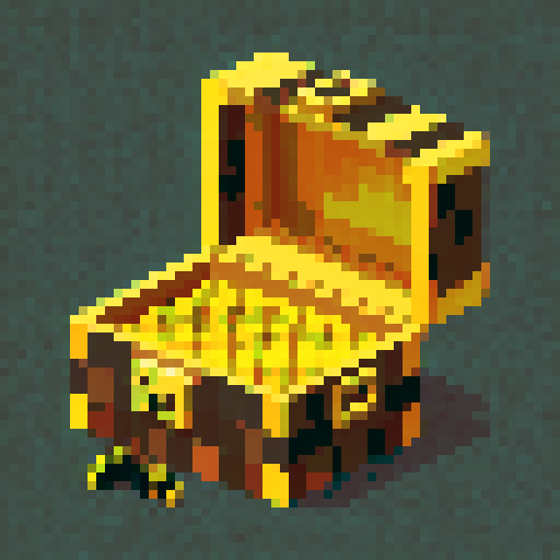 Craft a pixel art treasure chest, front-facing with a bee motif. Use a golden-yellow and black palette, honeycomb texture, and no side views. Include bee elements like wings or antennae. Keep it simple and iconic.