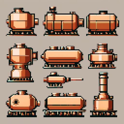 simple, geometrical copper pieces from a tank. Steampunk. It should be seen from the left side with no perspective, on a solid-color background. There should one be two or three pieces in each frame, it shouldn't be complete.