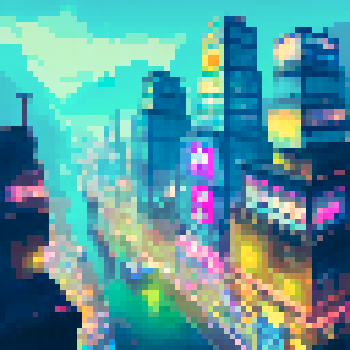 Neon-lit skyscrapers tower over a bustling metropolis filled with holographic advertisements and advanced technology, all depicted in a portrait landscape.