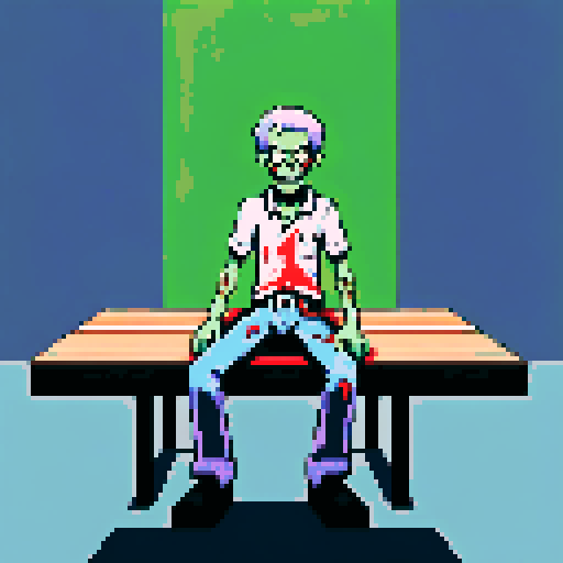 Zombie with limbs detached, laying on table, looking at camera,  pixel art, sRGB